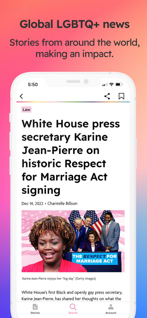 PinkNews mobile app displaying global LGBTQ news and an article about the Respect for Marriage Act