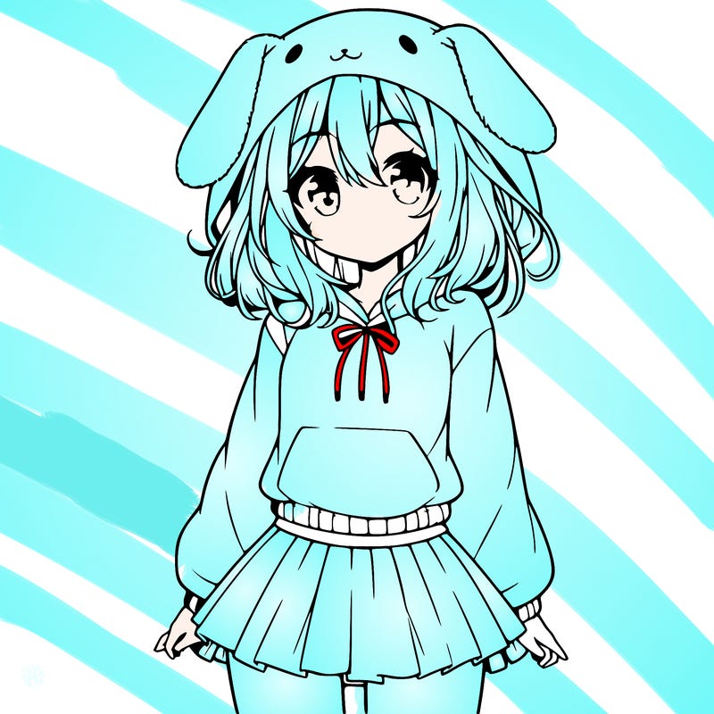 pretty anime girl wearing a fluffy hoodie with bunny ears on the hood and a skirt