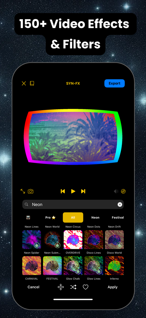 Syn-FX: Video Editor & Effects - Mobile interface of the Syn-FX app showing a selection of neon video effects and filters over a starry background.