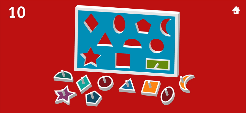 TallyTots Counting 123 Game - A shape sorting puzzle mini-game in the TallyTots Counting app featuring ten different geometric shapes on a blue board.