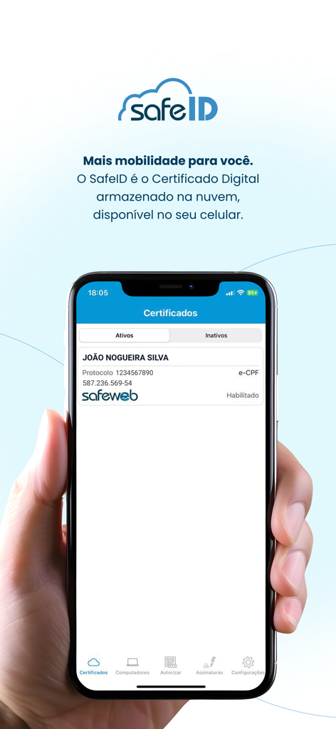 SafeID App-Oberfläche, die ein digitales Zertifikat auf einem Smartphone anzeigt, das von einem Benutzer gehalten wird.