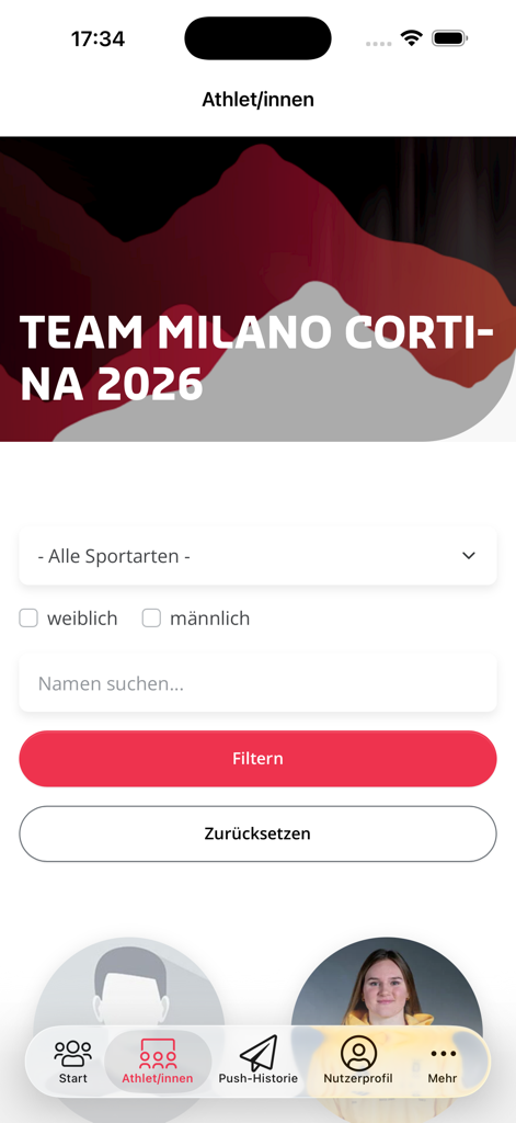 Such- und Filteroberfläche für deutsche Olympiateilnehmer innerhalb der Team D App für die Spiele Milano Cortina 2026