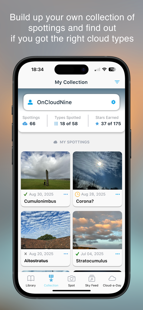 A screenshot of the CloudSpotter app showing a personal collection of cloud photos and user identification statistics