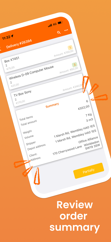 Écran de smartphone affichant un résumé de commande de livraison dans l'application Track-POD avec les détails de l'article et les adresses