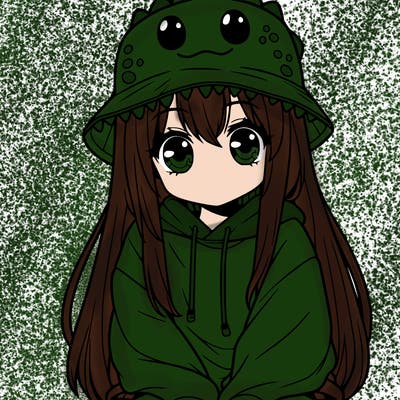 girl with anime shaped eyes with a dinosaur bucket hat oversized sweatshirt long straight hair