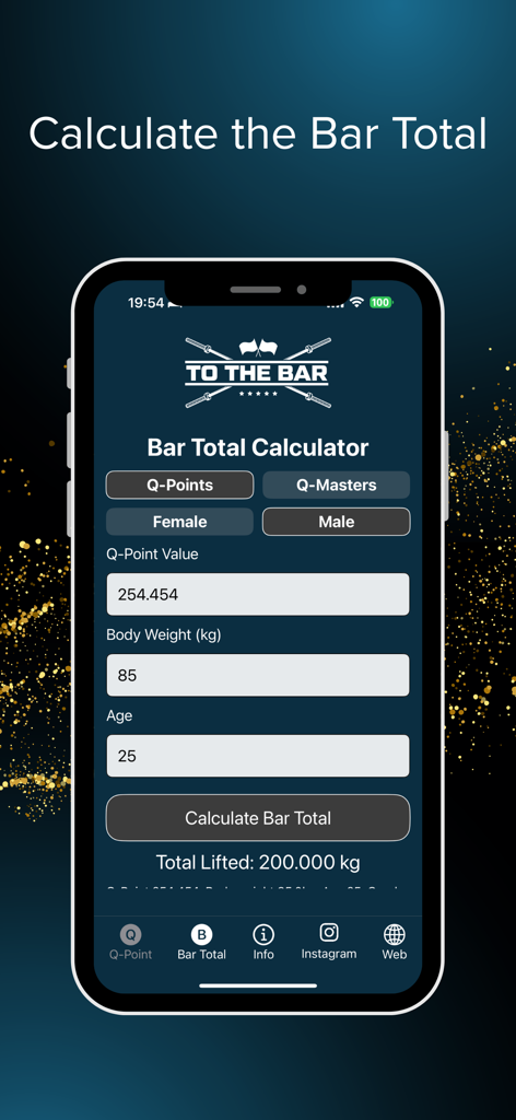 Q-Points Calculator - Interface of the Q-Points Calculator app showing the Bar Total Calculator screen for weightlifters