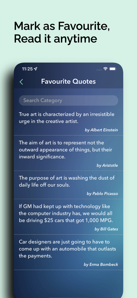 Mobile app screen displaying a curated list of saved favorite quotes and status messages