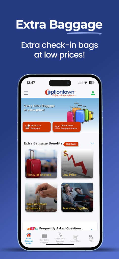 Interfaccia dell'app mobile Optiontown che mostra le opzioni di prenotazione del bagaglio extra e i vantaggi per i viaggiatori