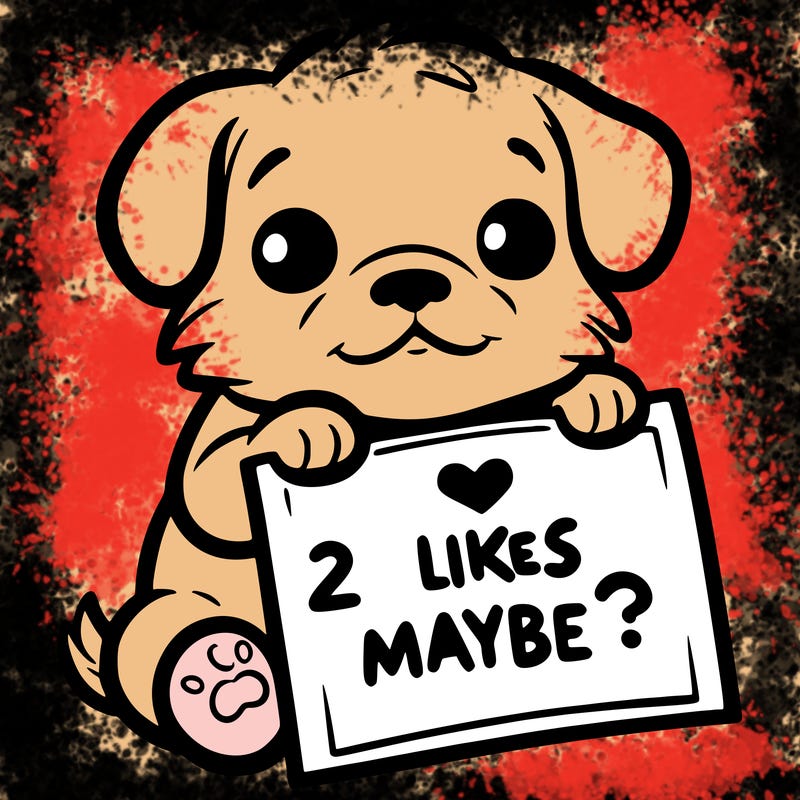 a puppy holding a sign that says 2 likes maybe?