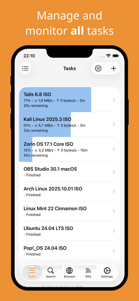 DS Download Manager - DS Download Manager interface showing a list of active and finished download tasks on an iPhone.