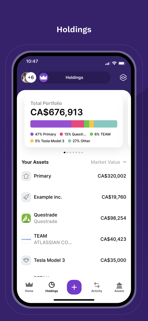 Wealthica - Tela de ativos do app Wealthica mostrando o valor total do portfólio e a lista de ativos, incluindo ações e imóveis