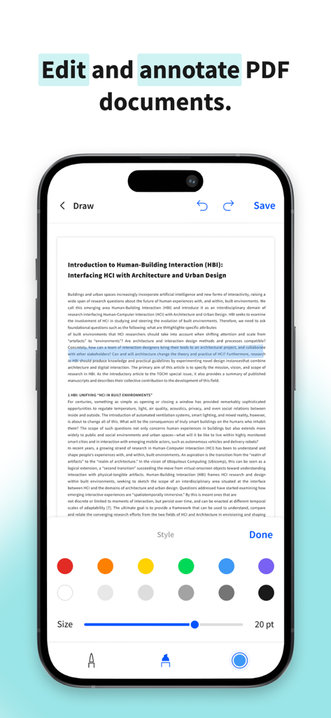Smallpdf: Scanner & PDF Editor - App Smallpdf su uno smartphone che visualizza strumenti di annotazione PDF con selezione del colore e impostazioni delle dimensioni del pennello