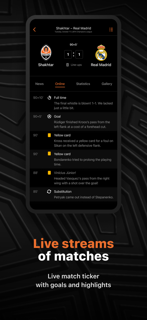 FC Shakhtar - Screenshot of the FC Shakhtar app showing a live match ticker with scores and play-by-play updates for a soccer game.