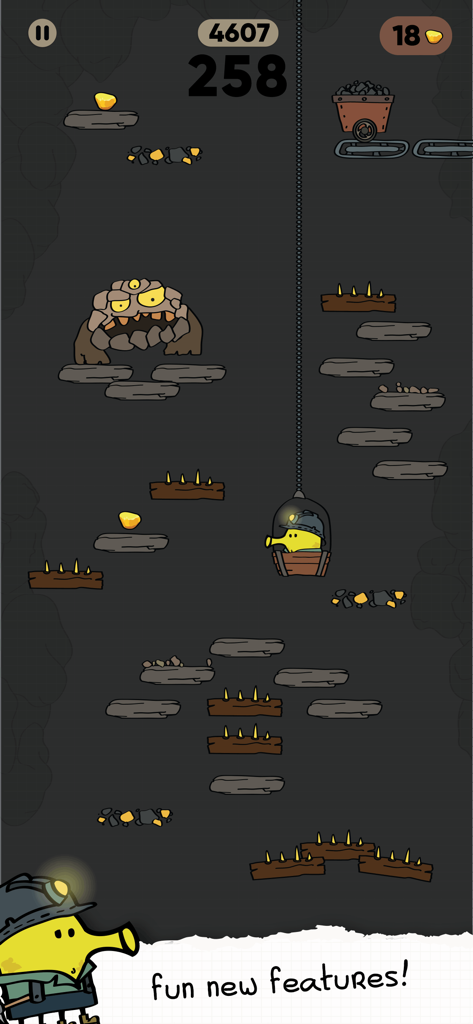 Doodle Jump 2 gameplay in a dark cave world featuring a rock monster and the Doodler character in a miner hat