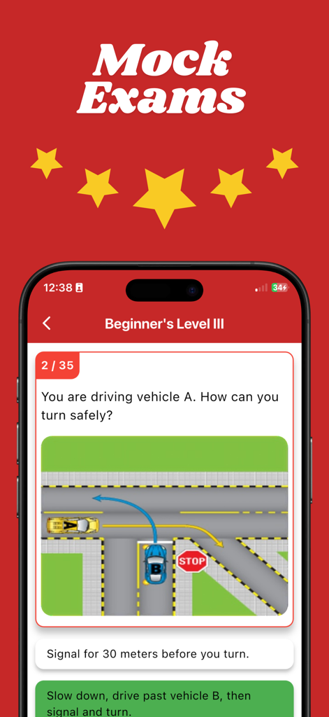 RTA Theory Test - RTA Theory Test app interface showing a mock exam question about safe turning maneuvers at an intersection.