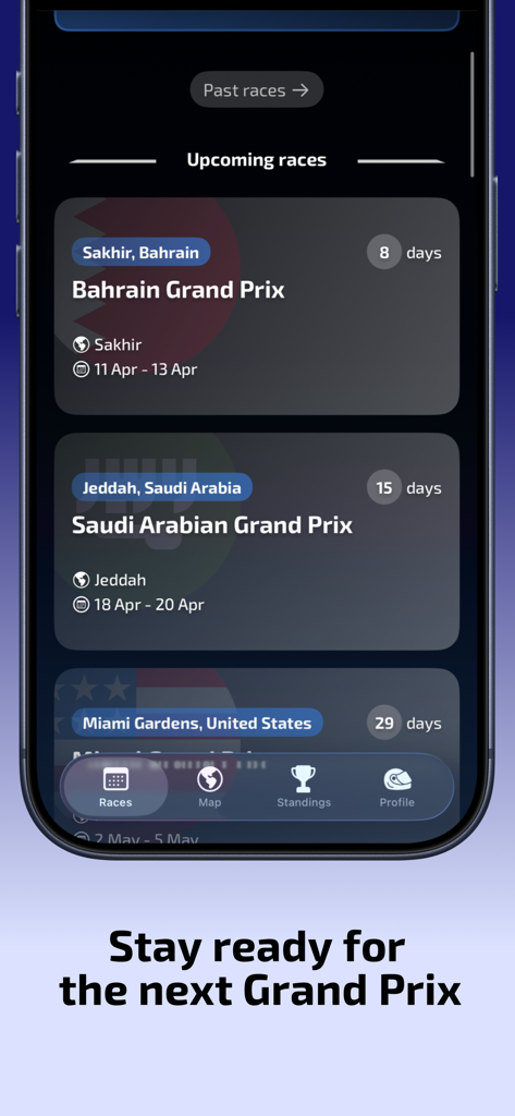 Pit Stop app screen showing the upcoming Formula 1 race calendar with countdown timers for the Bahrain and Saudi Arabian Grands Prix