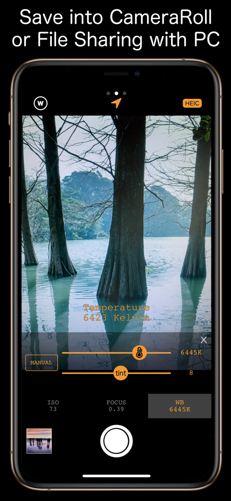 Simple RAW Camera app showing manual temperature and tint settings for professional photography.