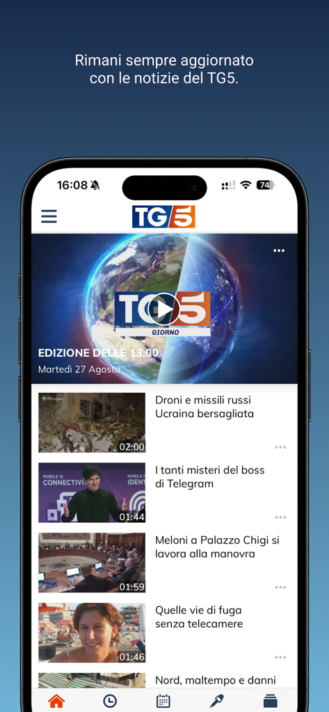 TG5 - Screenshot of the TG5 news app displaying the 1 PM news edition and a feed of recent Italian news reports.