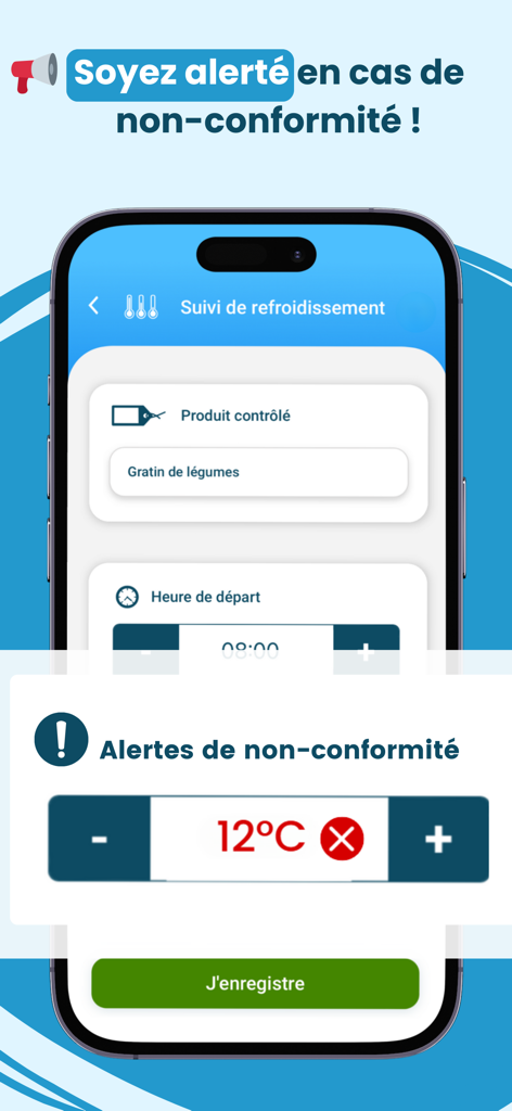 Octopus HACCP - Interface de l'application mobile Octopus HACCP montrant une alerte de non-conformité de température pendant la surveillance du refroidissement des aliments.