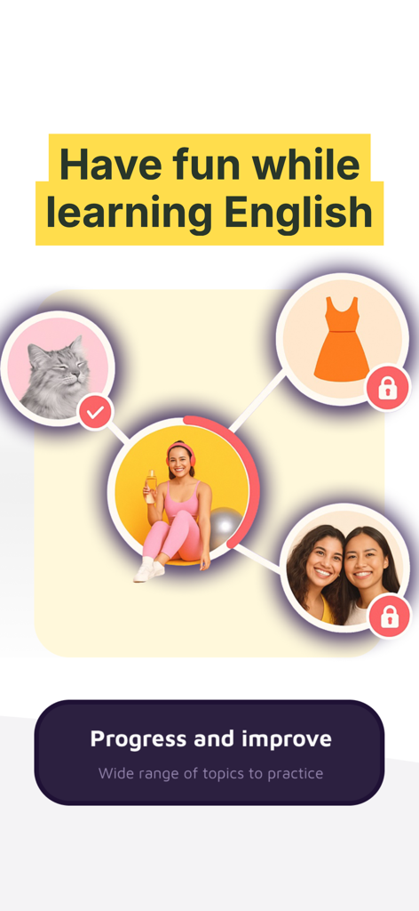 Talk Party: Practice English - Un écran de progression de niveau gamifié dans l'application Talk Party montrant différents sujets de pratique de l'anglais