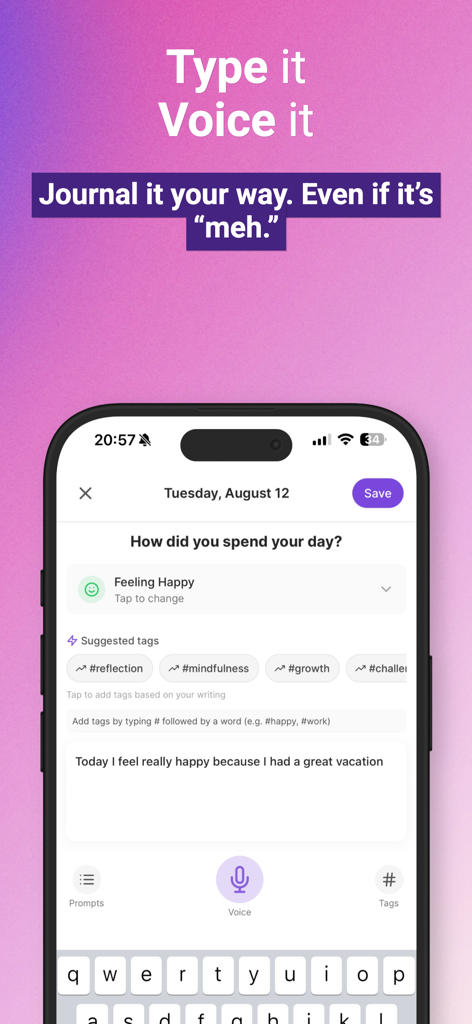 JournAI: AI Mood Journal - Interface of the JournAI app showing a journal entry screen with mood selection and text input