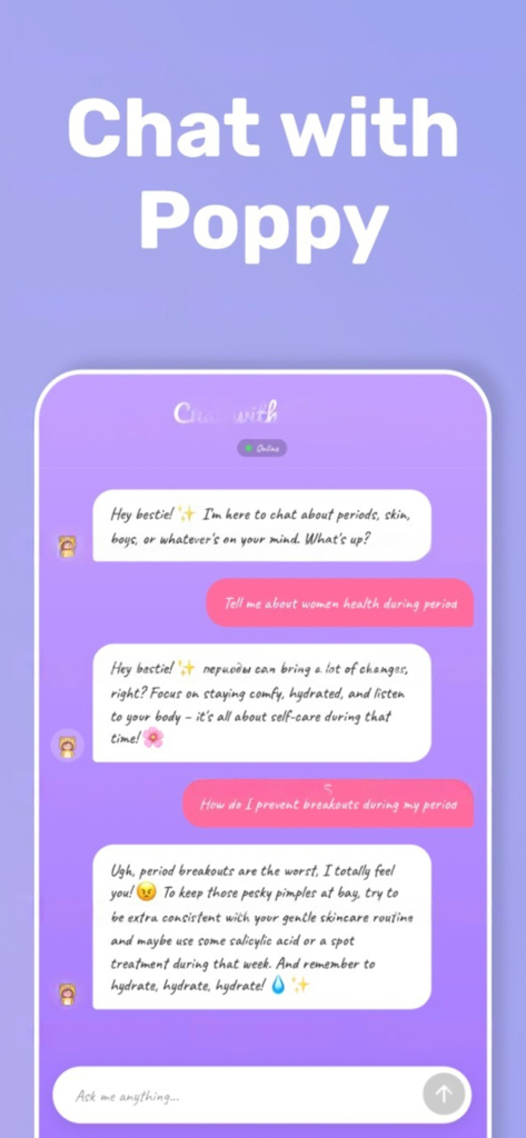 Poppy - AI Period Tracker - AI chat interface in Poppy app providing period and skincare tips