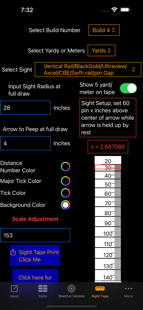 PRO Archery Ballistics - PRO Archery Ballisticsアプリのインターフェース。カスタムボウサイトテープの作成と印刷用。