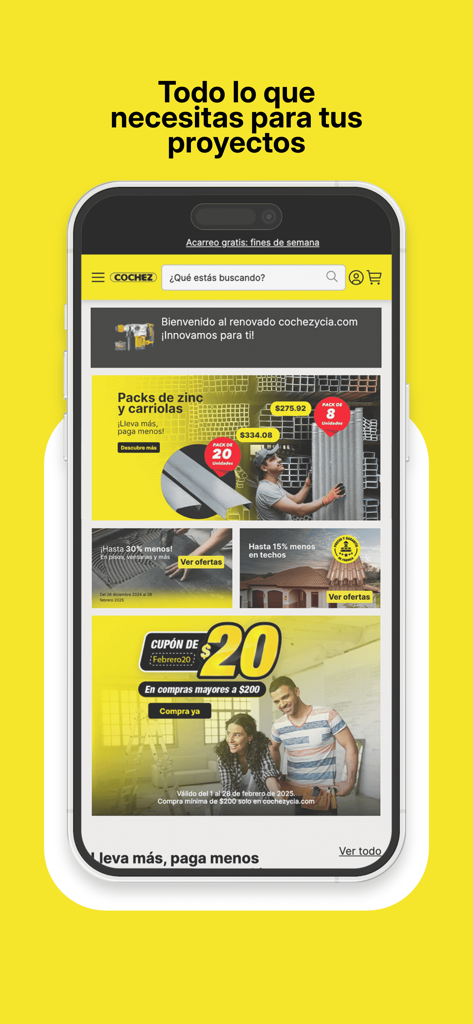 La pantalla de inicio de la aplicación Cochez Panama mostrando ofertas de materiales de construcción y una barra de búsqueda.