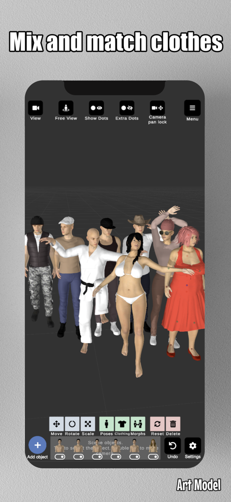 Art Model - Pose & morph tool - Interface of the Art Model app showing diverse 3D characters in various outfits and body types