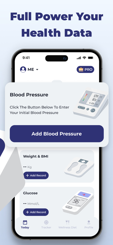 Smart Blood Pressure Monitor - Smart Blood Pressure Monitor app dashboard displaying sections for blood pressure, weight, BMI, and glucose tracking.
