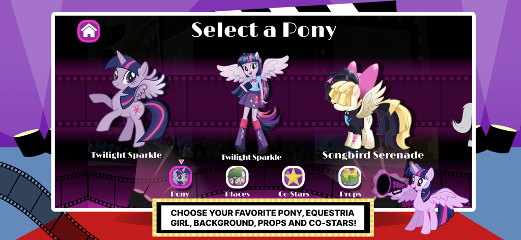 My Little Pony: Story Creator - 트와일라잇 스파클과 송버드 세레나데가 등장하는 마이 리틀 포니 스토리 크리에이터 앱의 캐릭터 선택 화면.