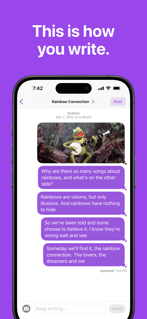 Gibberish Writer - A screenshot showing the Gibberish Writer app interface where a blog post is written as a series of chat bubbles.