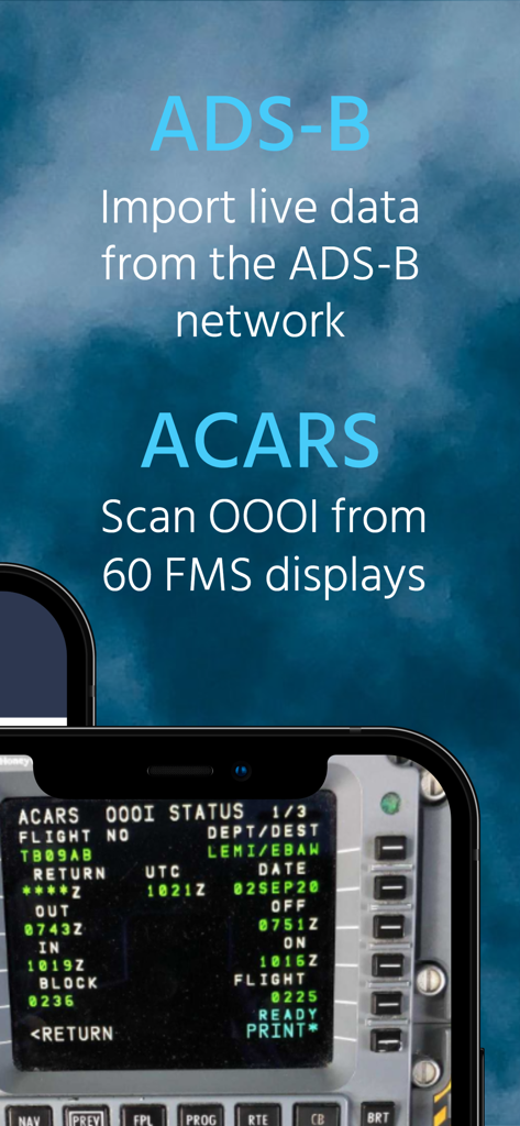 Pilotlog app feature showing ADS-B data import and ACARS OOOI scanning from FMS displays