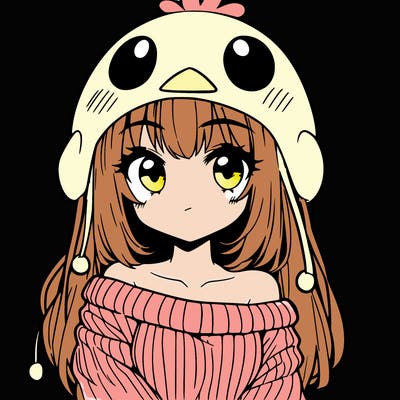 anime girl with chick shaped hat with sweater with bare shoulders with bangs covering them one eye with low tail