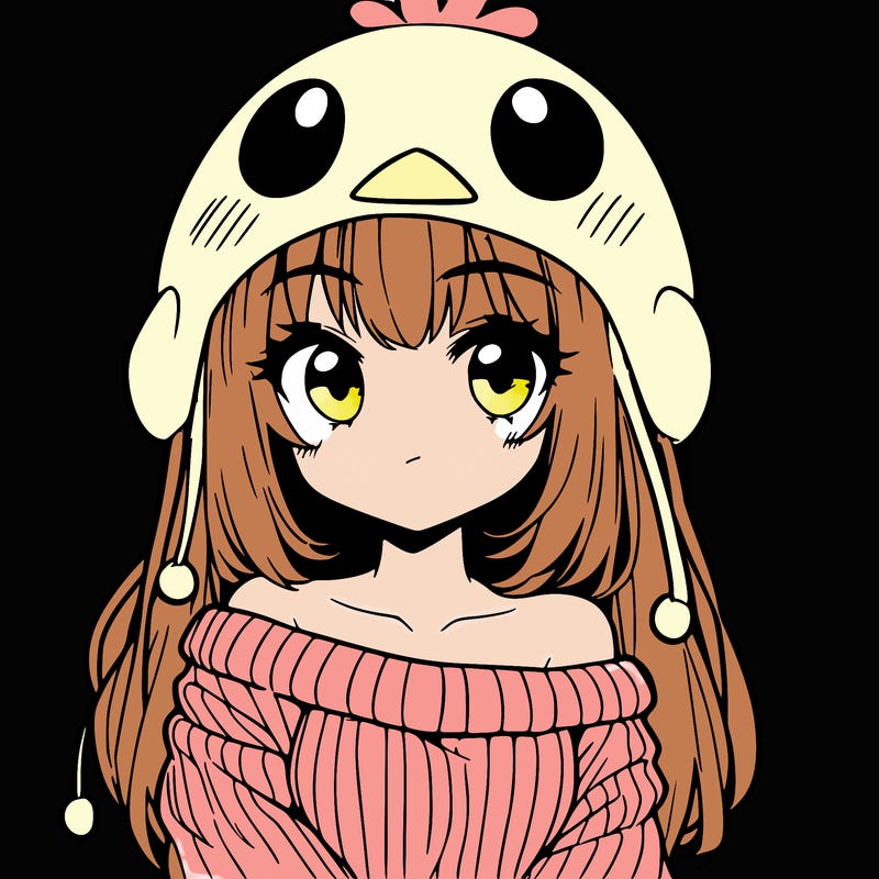 anime girl with chick shaped hat with sweater with bare shoulders with bangs covering them one eye with low tail
