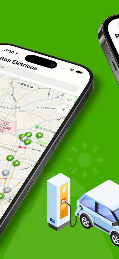 eStations - Map showing electric vehicle charging stations and an illustration of a car charging