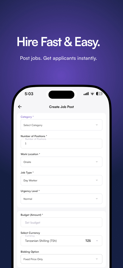 Interfaz de la aplicación móvil Daywaka para crear una publicación de trabajo y contratar trabajadores rápidamente.