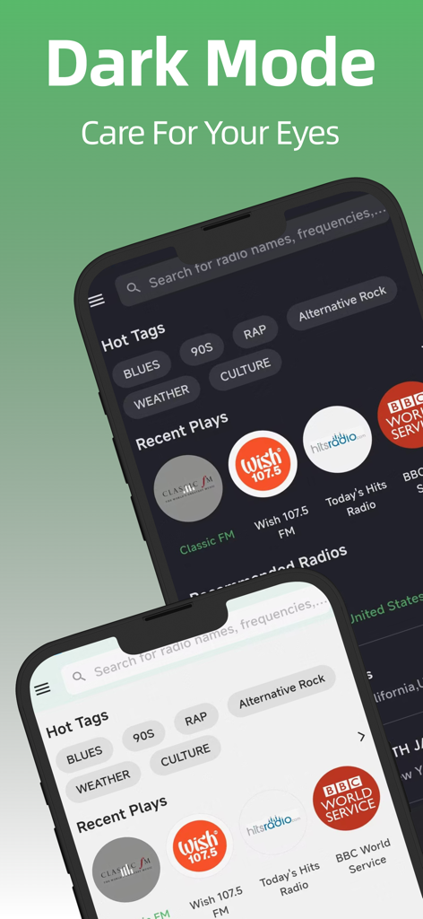 Comparison of light and dark mode interfaces in the Radio FM app showing radio stations and hot tags