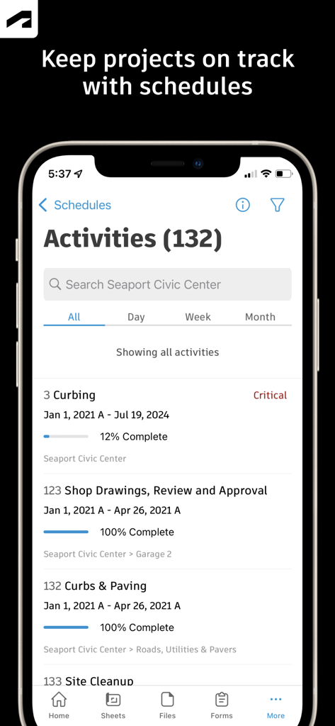 Autodesk Construction Cloud - Autodesk Construction Cloud mobile app displaying a project activity schedule with progress tracking and completion percentages