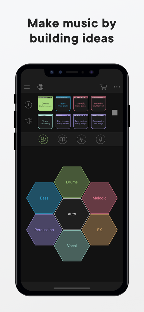 Blocs Wave: Record Music Live - Interface de l'application musicale Blocs Wave montrant un sélecteur hexagonal de catégories de sons et une grille de construction de boucles