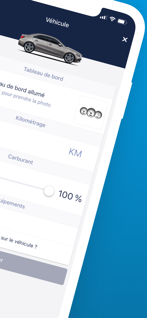 DriiveMe - Schermata dello smartphone dell'app DriiveMe che mostra i dettagli dell'ispezione del veicolo, inclusi chilometraggio e stato del carburante