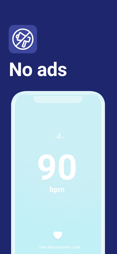 Interface of the Heart Rate app showing a 90 bpm pulse measurement and a No ads message