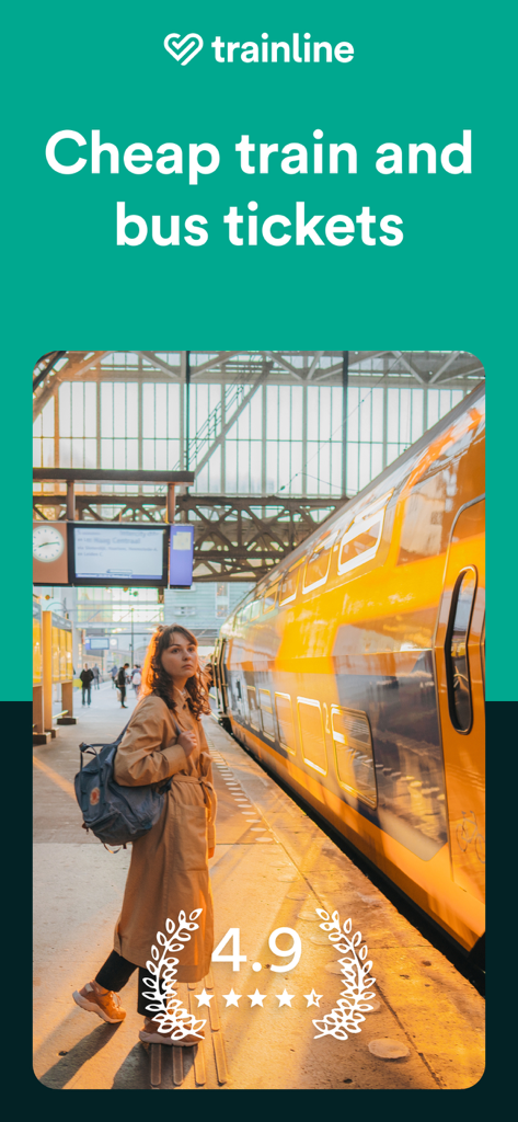 A woman standing on a train platform next to a yellow train with the Trainline app logo and a four point nine star rating