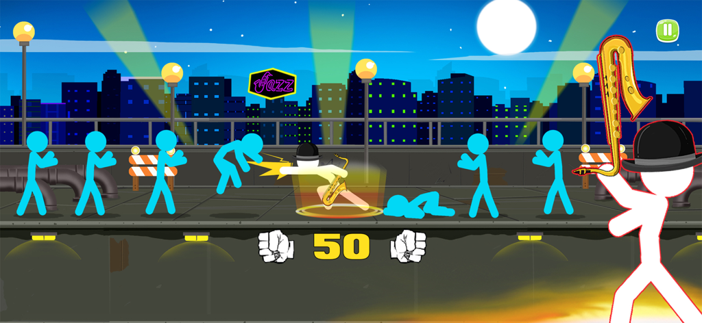 Stickman character with a bowler hat and saxophone weapon fighting blue stickmen in a night city jazz setting