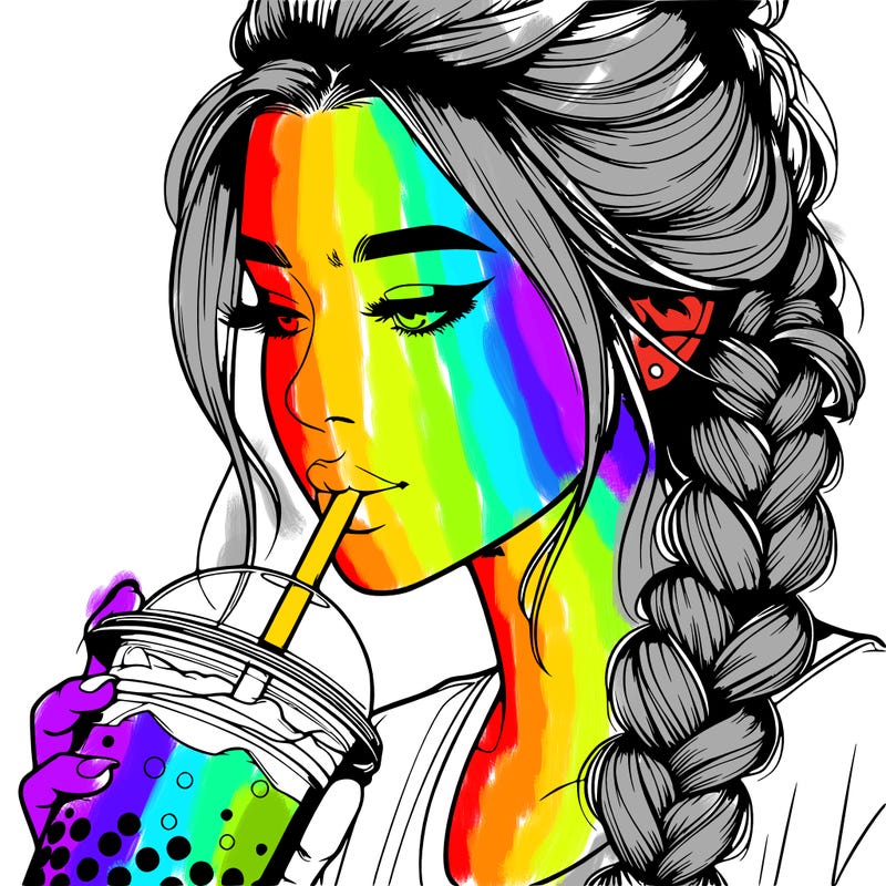realistic girl drinking boba tea with braided hair