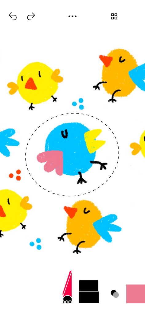 Tayasui Sketches School - Disegni digitali colorati di uccelli in fase di modifica con uno strumento di selezione nell'app Tayasui Sketches School.