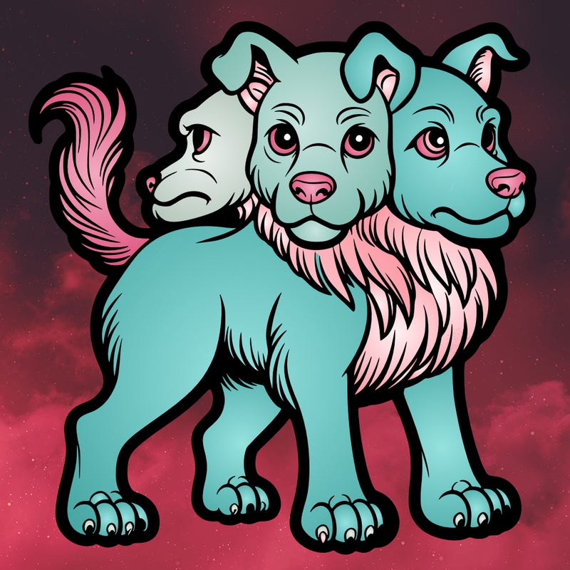 cerberus, three-headed dog, big eyes, full body