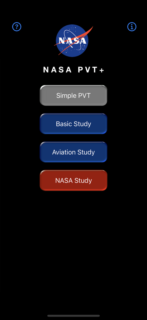 NASA PVT+ - Main menu of the NASA PVT plus app featuring buttons for Simple PVT, Basic Study, Aviation Study, and NASA Study.