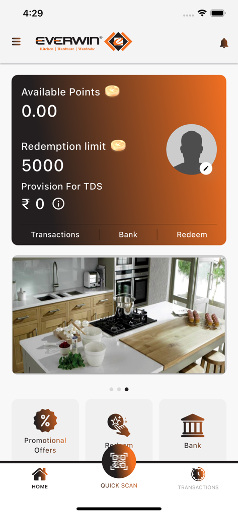 EVERWIN LOYALTY - Everwin Loyalty mobile app interface showing reward points and household hardware promotions.