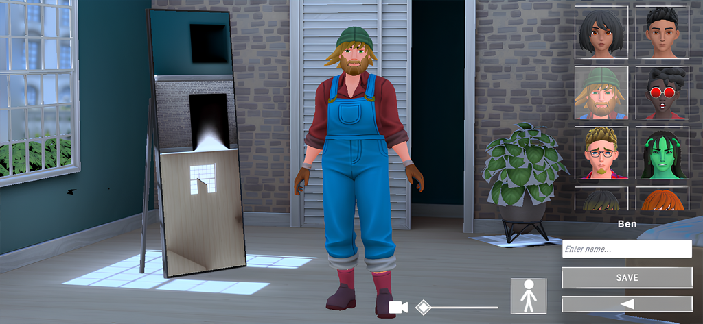 Ben이라는 캐릭터를 위한 캐릭터 옵션과 이름 입력 필드를 보여주는 인생 시뮬레이션 게임의 캐릭터 커스터마이징 메뉴.
